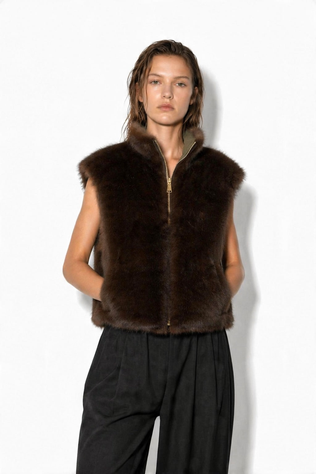 JA67 Olive Reversible Faux Mink Vest