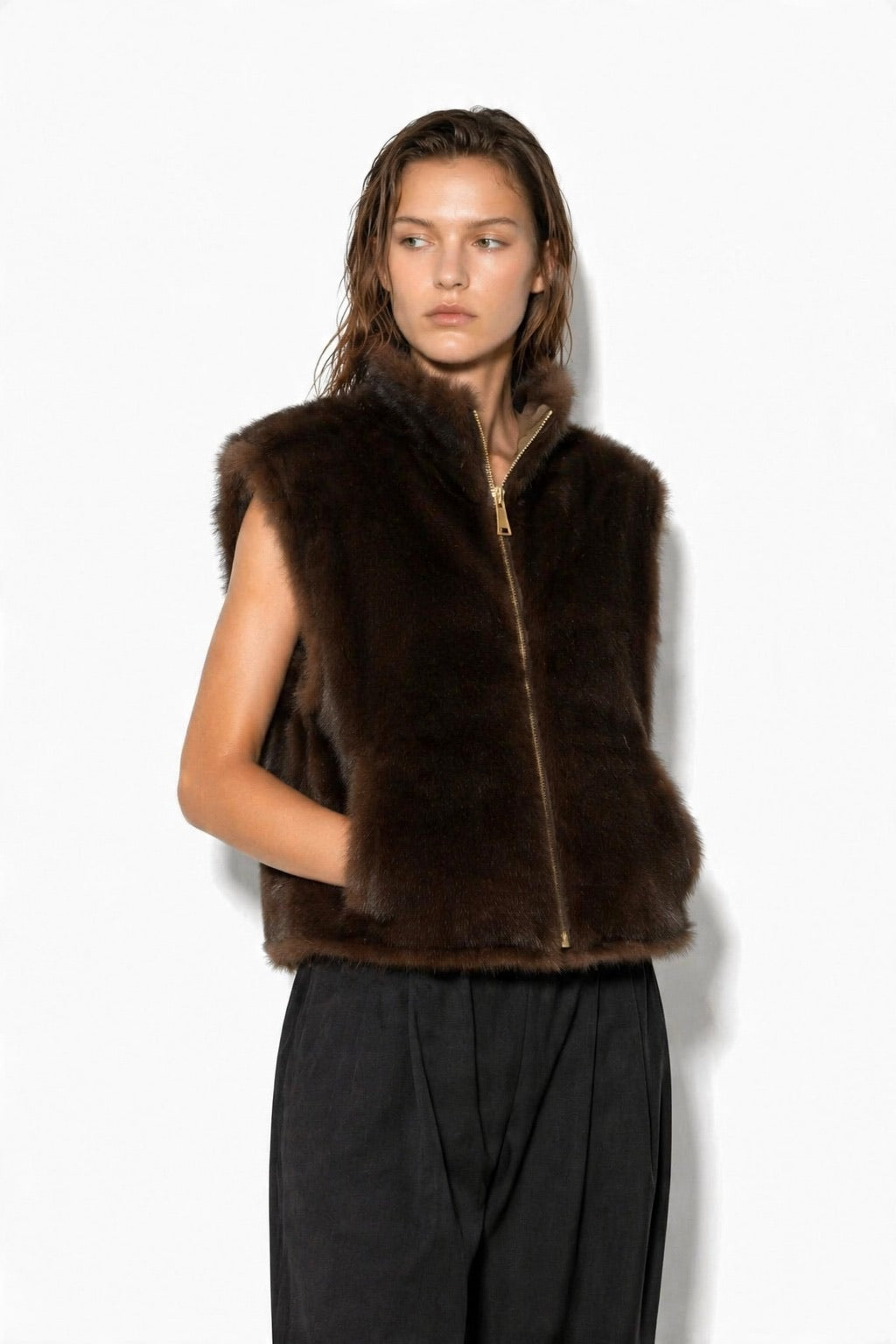 JA67 Olive Reversible Faux Mink Vest