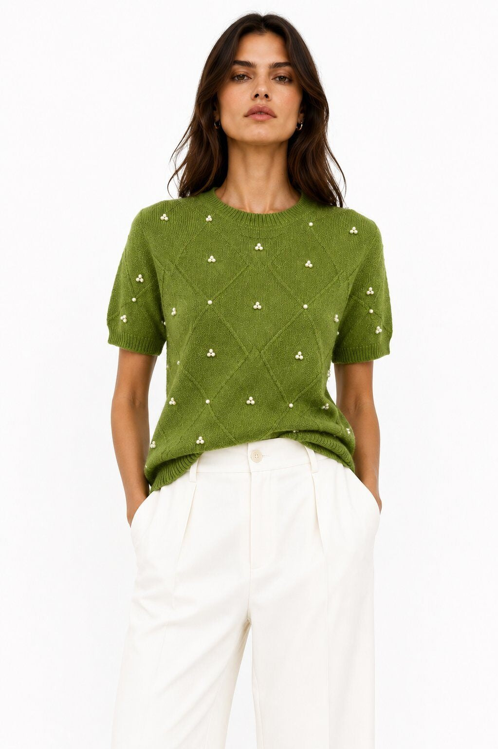 LUBDS9 Olive Beaded Diamond Sweater