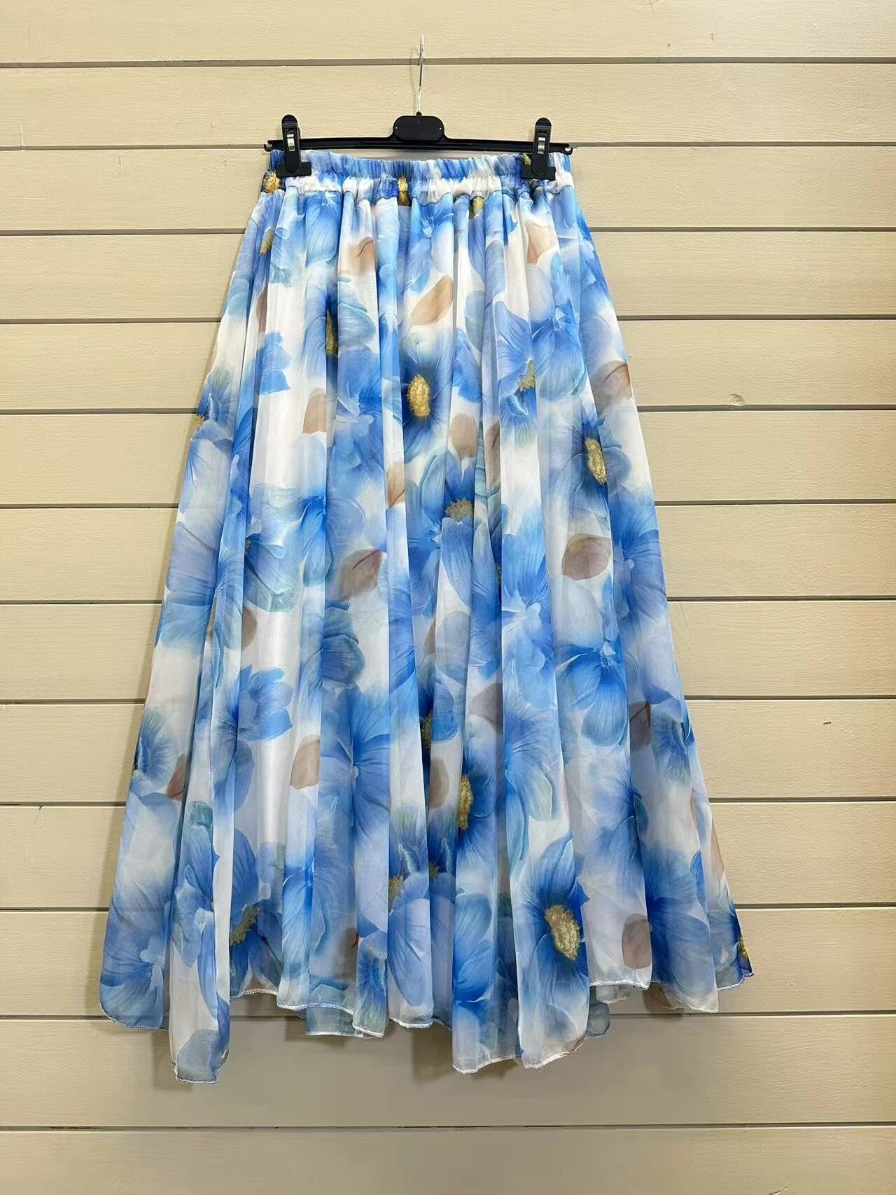 ESTFSBU Floral Print Silk Skirt Blue