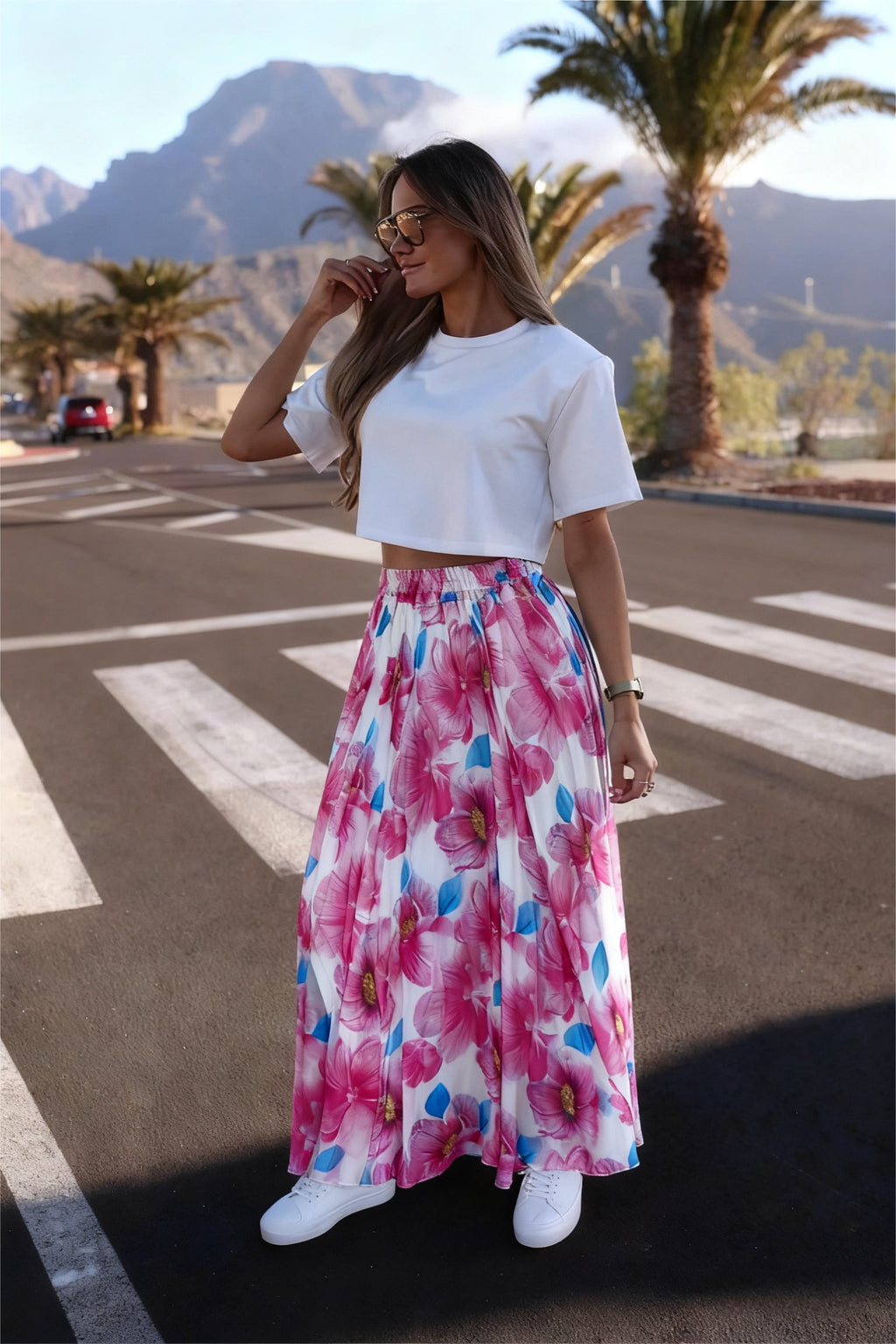 ESTFSFU Floral Print Silk Skirt Fuchsia