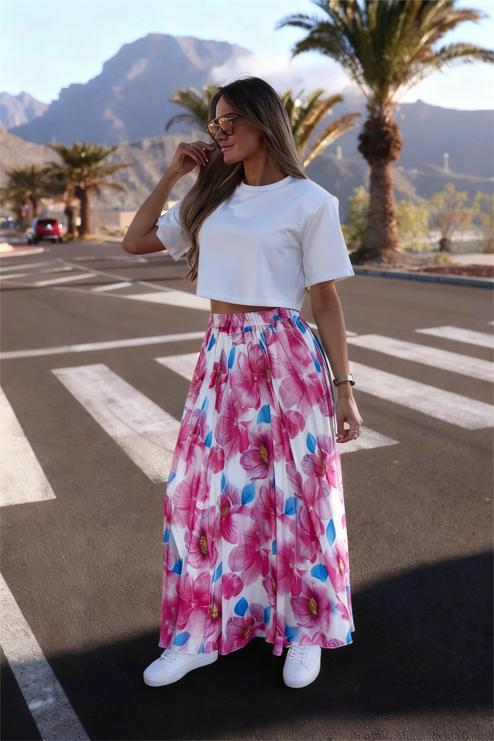 ESTFSFU Floral Print Silk Skirt Fuchsia