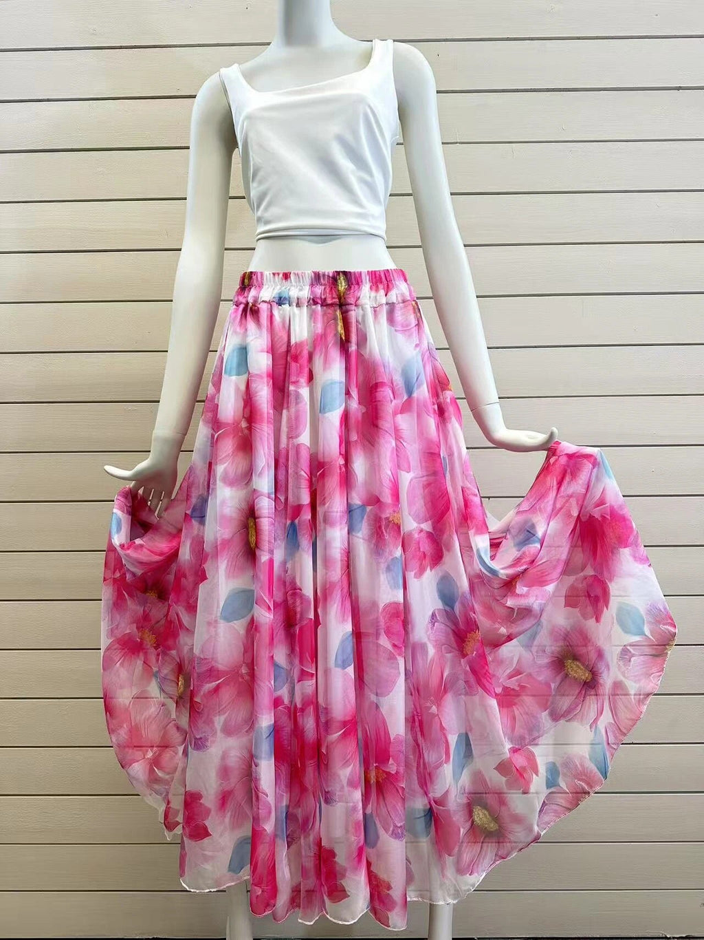 ESTFSFU Floral Print Silk Skirt Fuchsia