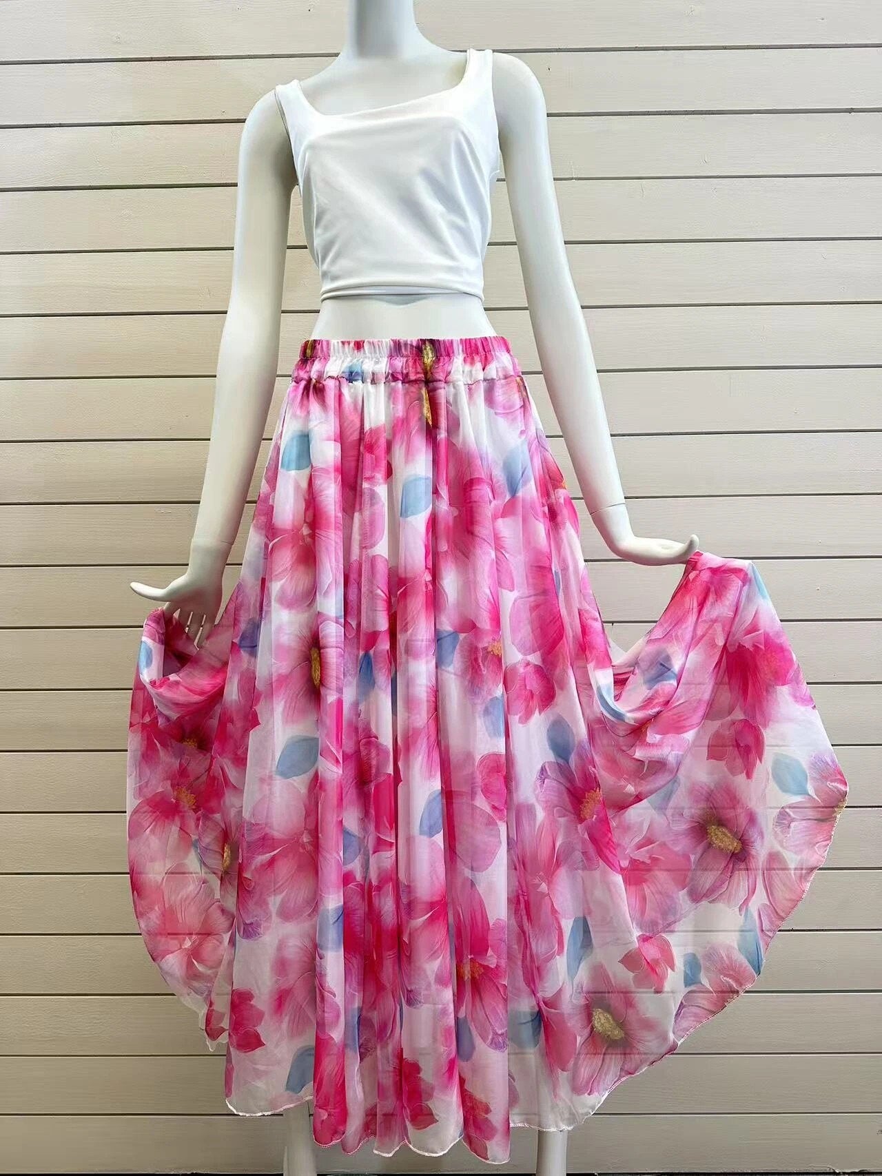 ESTFSFU Floral Print Silk Skirt Fuchsia
