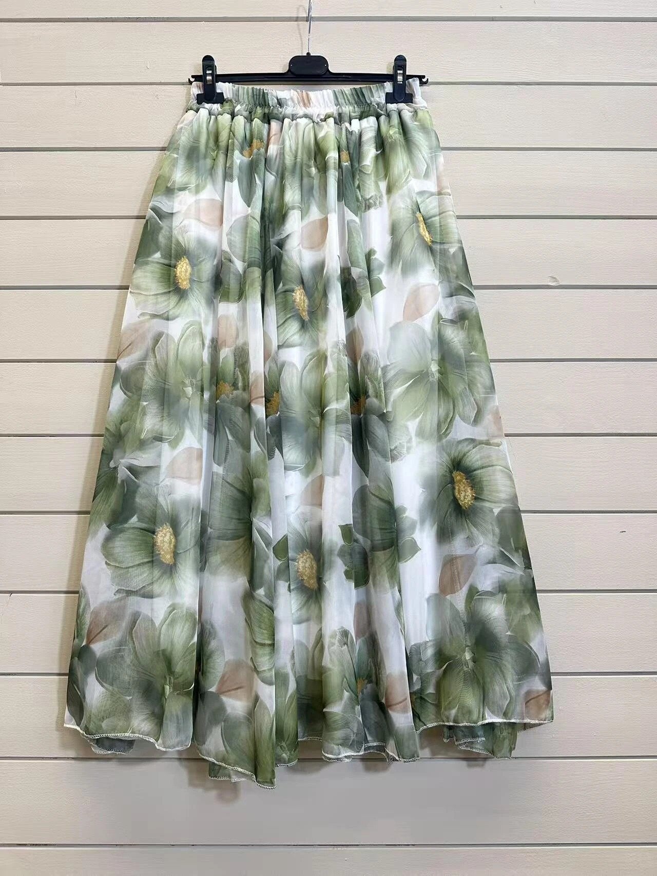 ESTFSKH Floral Print Silk Skirt Khaki