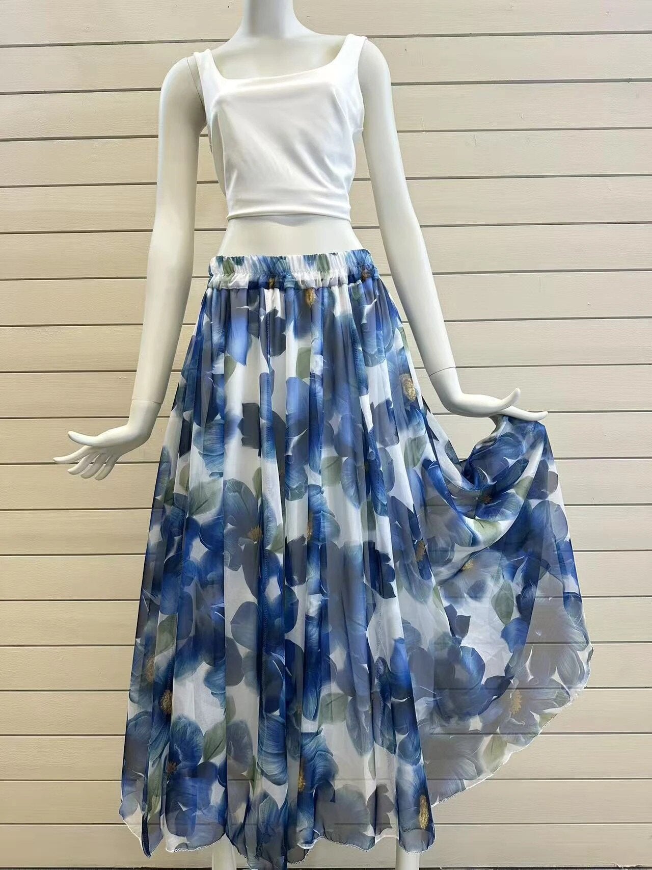 ESTFSNV Floral Print Silk Skirt Navy