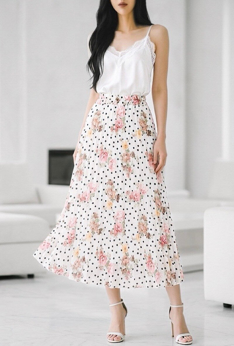 ESLRFDW Lorris Floral Dot Pleated Skirt White