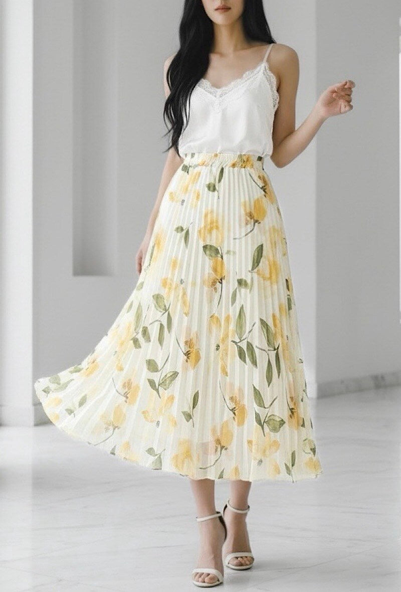 ESLRFLY Lorris Floral Pleated Skirt Yellow