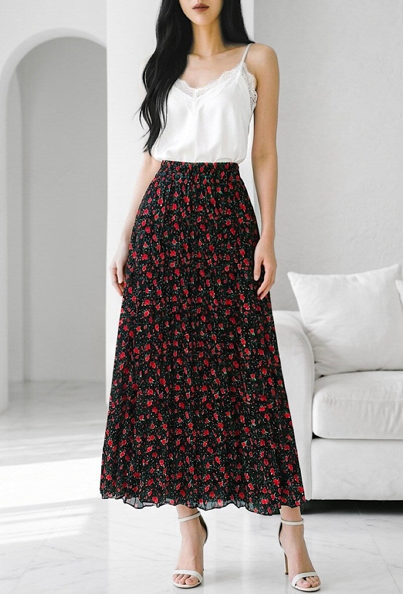 ESLRFBK Lorris Floral Pleated Skirt Black