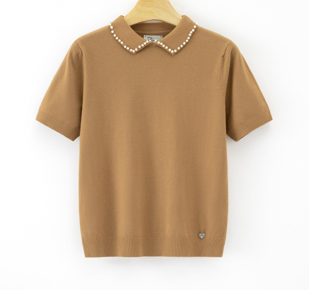 LUPCP6 Camel Pearl Collar Sweater