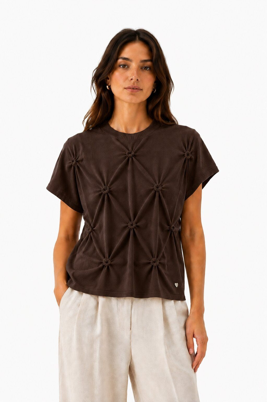 LUHPS11 Brown Handmade Pintuck Sweater