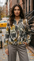 ZOJ01 Lightweight Olive Abstract Brushstroke Tencel Jacket - model wearing on NYC street