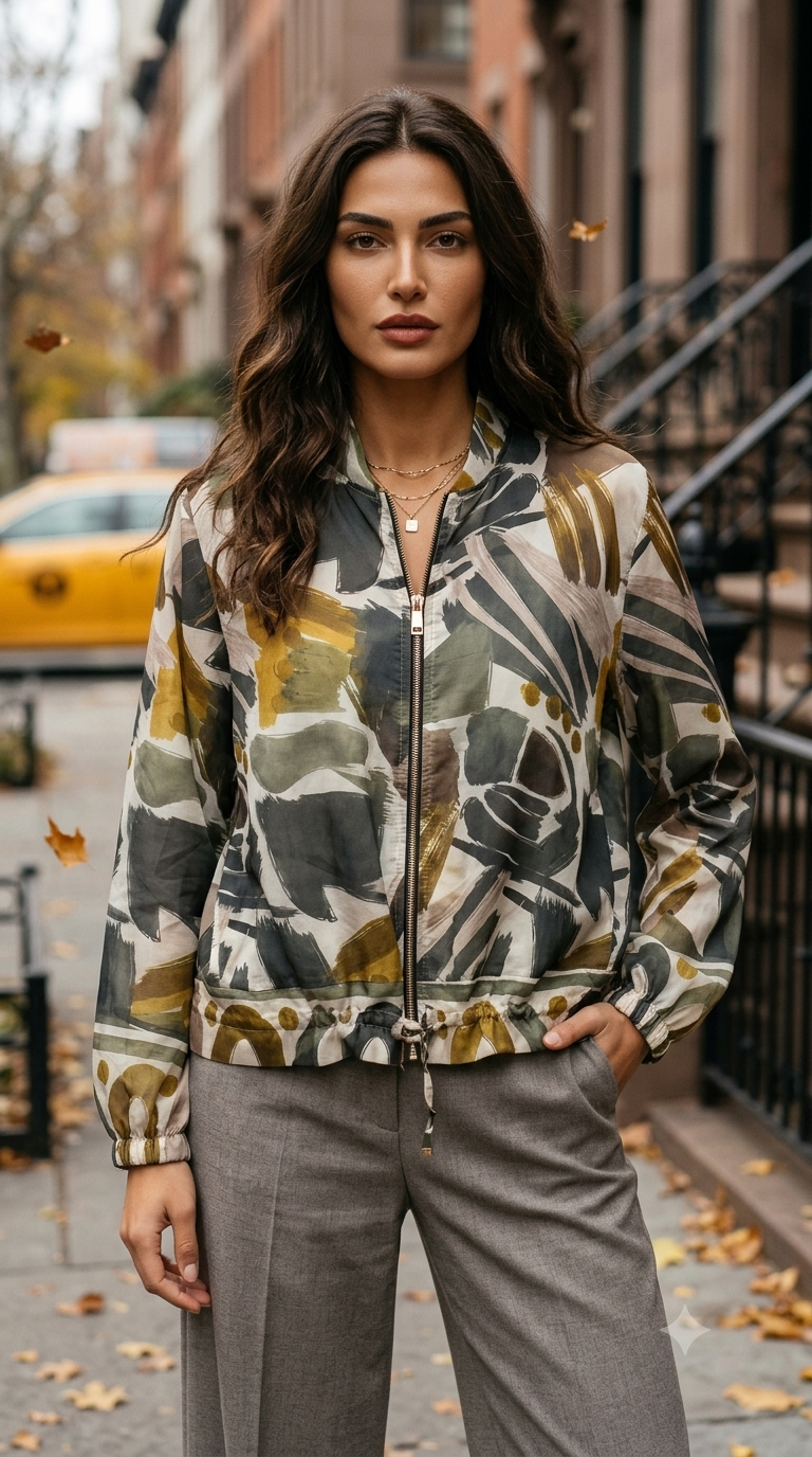ZOJ01 Lightweight Olive Abstract Brushstroke Tencel Jacket - model wearing on NYC street