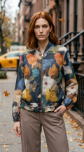 ZOJ07 Lightweight Navy Watercolor Floral Tencel Jacket - model wearing on NYC street