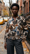 ZOJ11 Lightweight Brown Abstract Brushstroke Tencel Jacket - model wearing on NYC street