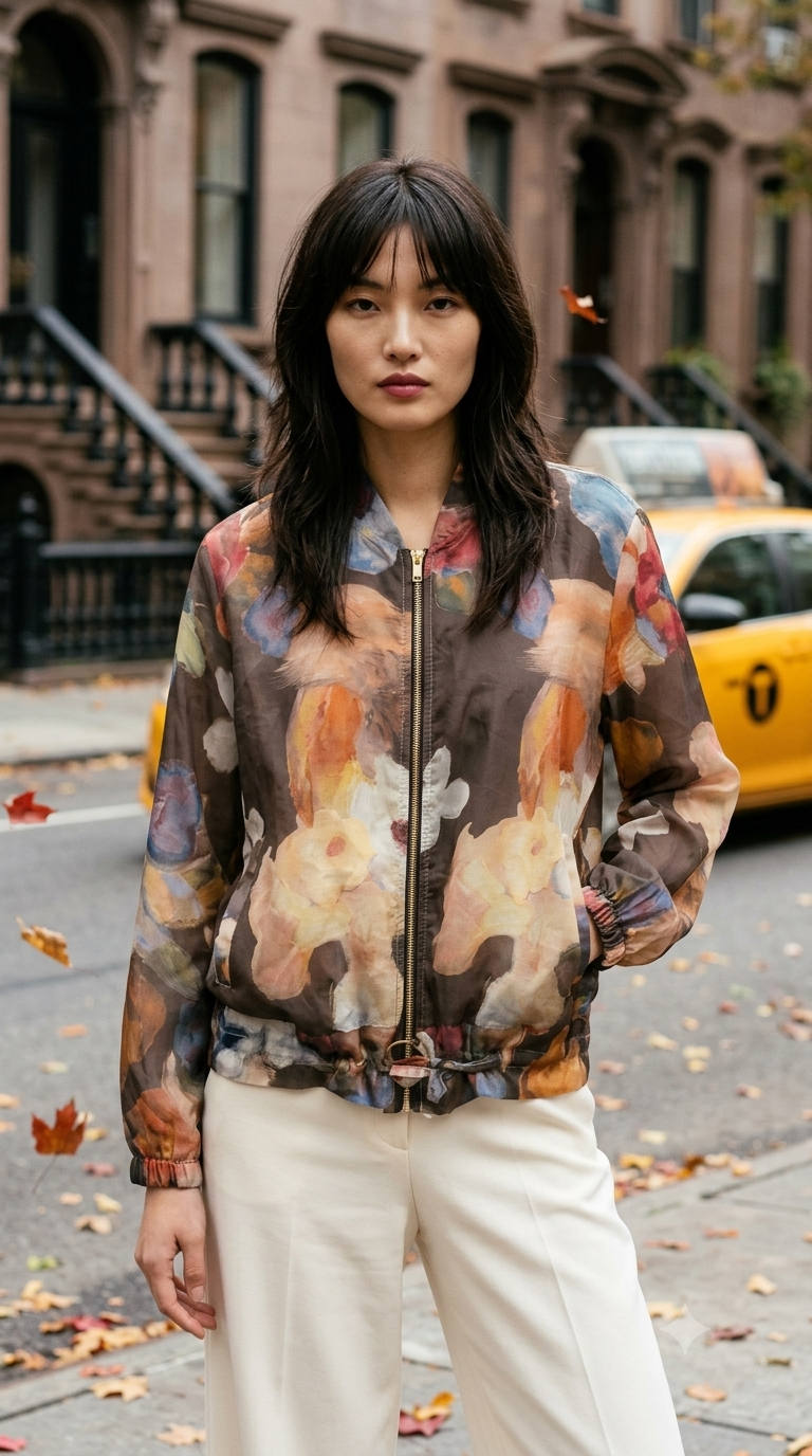 ZOJ15 Brown Watercolor Floral Tencel Jacket - model styled photo