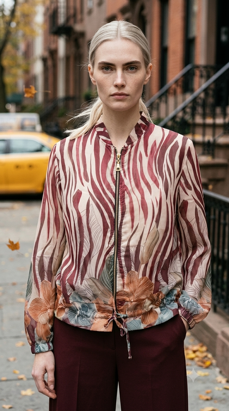 ZOJ17 Lightweight Burgundy Zebra Floral Tencel Jacket - model wearing on NYC street