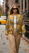 ZOJ19 Lightweight Mustard Hibiscus Leopard Tencel Jacket - model wearing on NYC street