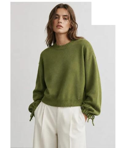 LUCR1 Olive Ruched-Sleeve Sweater