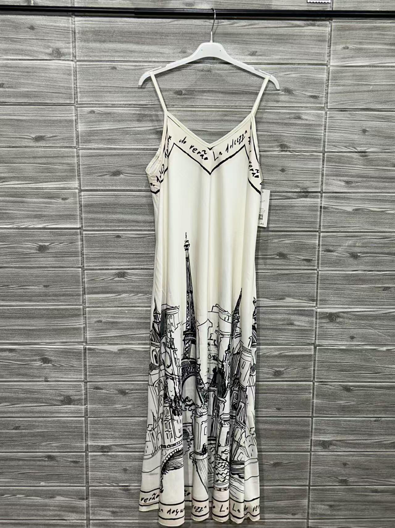 ZOPAD1BE Paris Print Slip Dress Beige