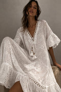 LUEBY Midi Dress in Cotton and Eyelet Lace