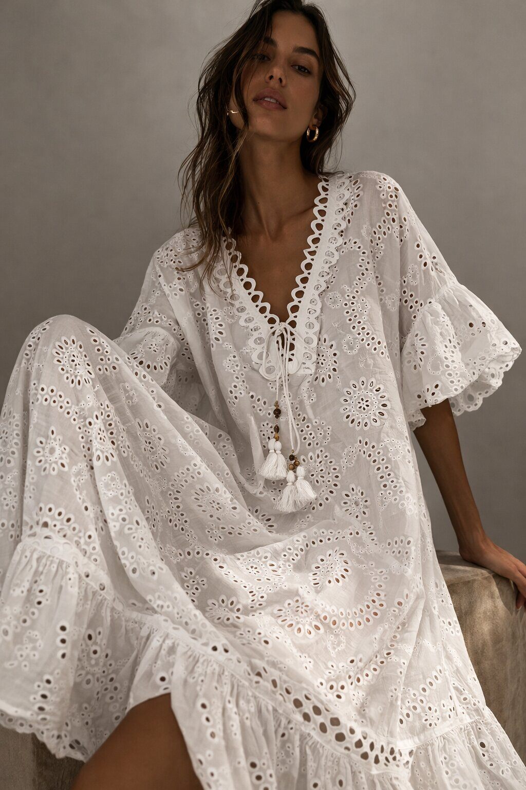 LUEBY Midi Dress in Cotton and Eyelet Lace