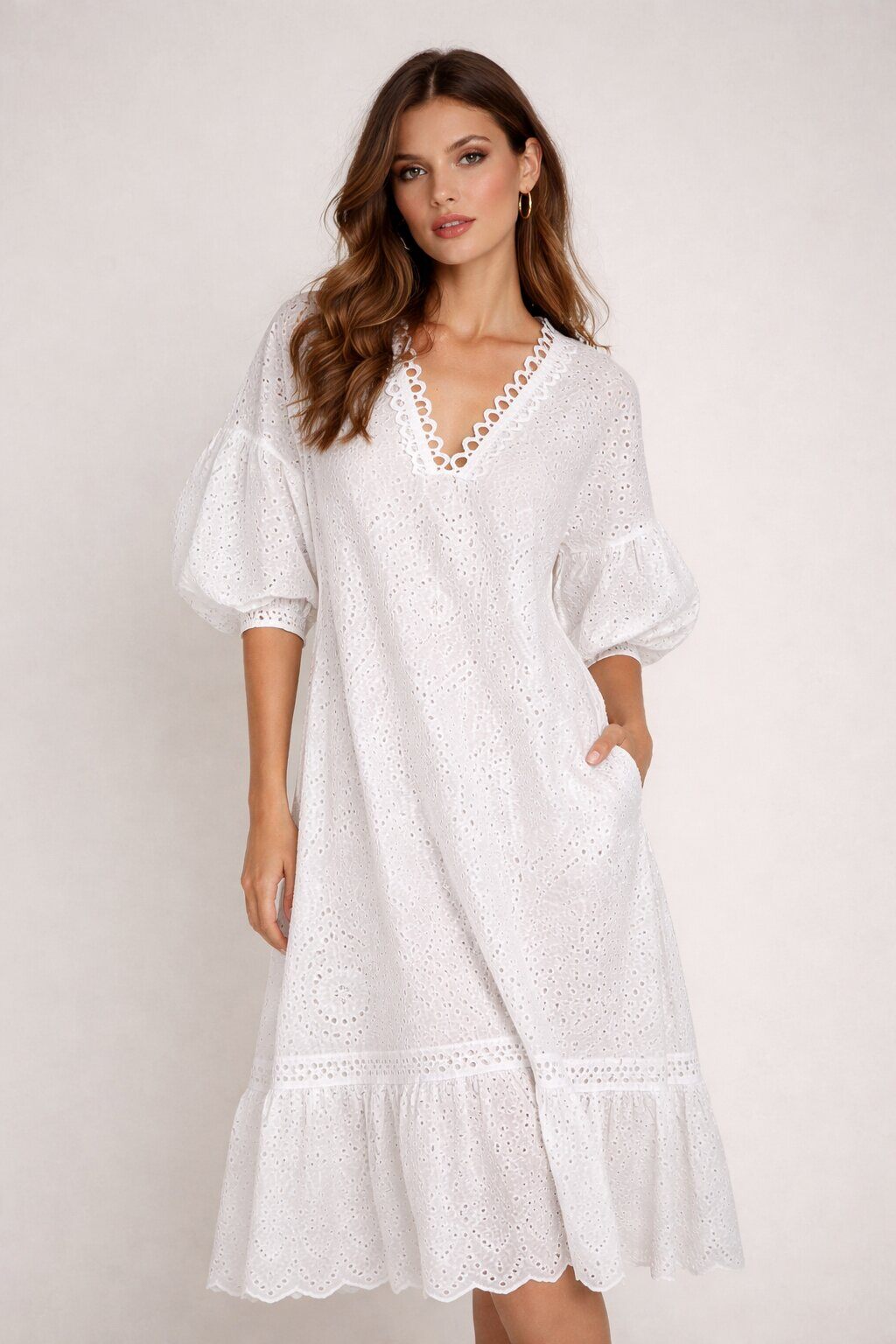 LUWSECD Wide Sleeve Eyelet Cotton Dress