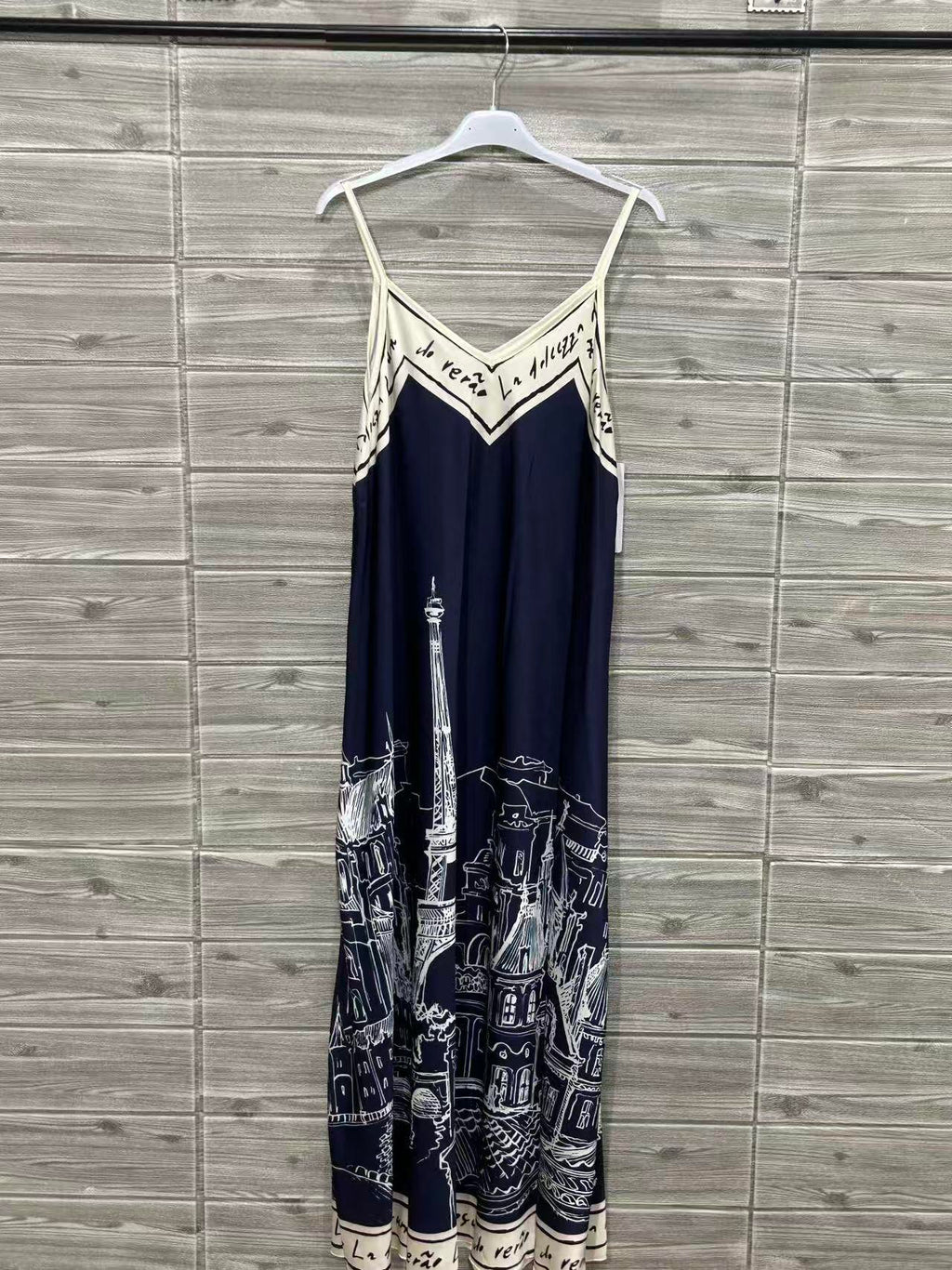 ZOPAD1DB Paris Print Slip Dress Dark Blue