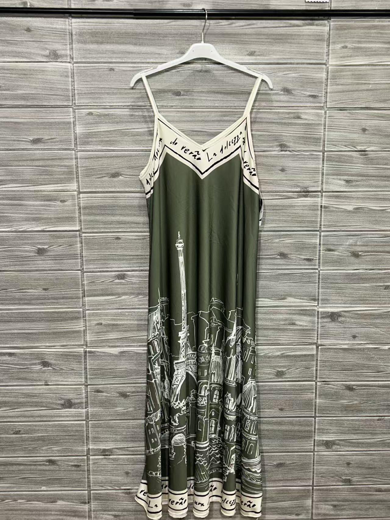 ZOPAD1KH Paris Print Slip Dress Khaki