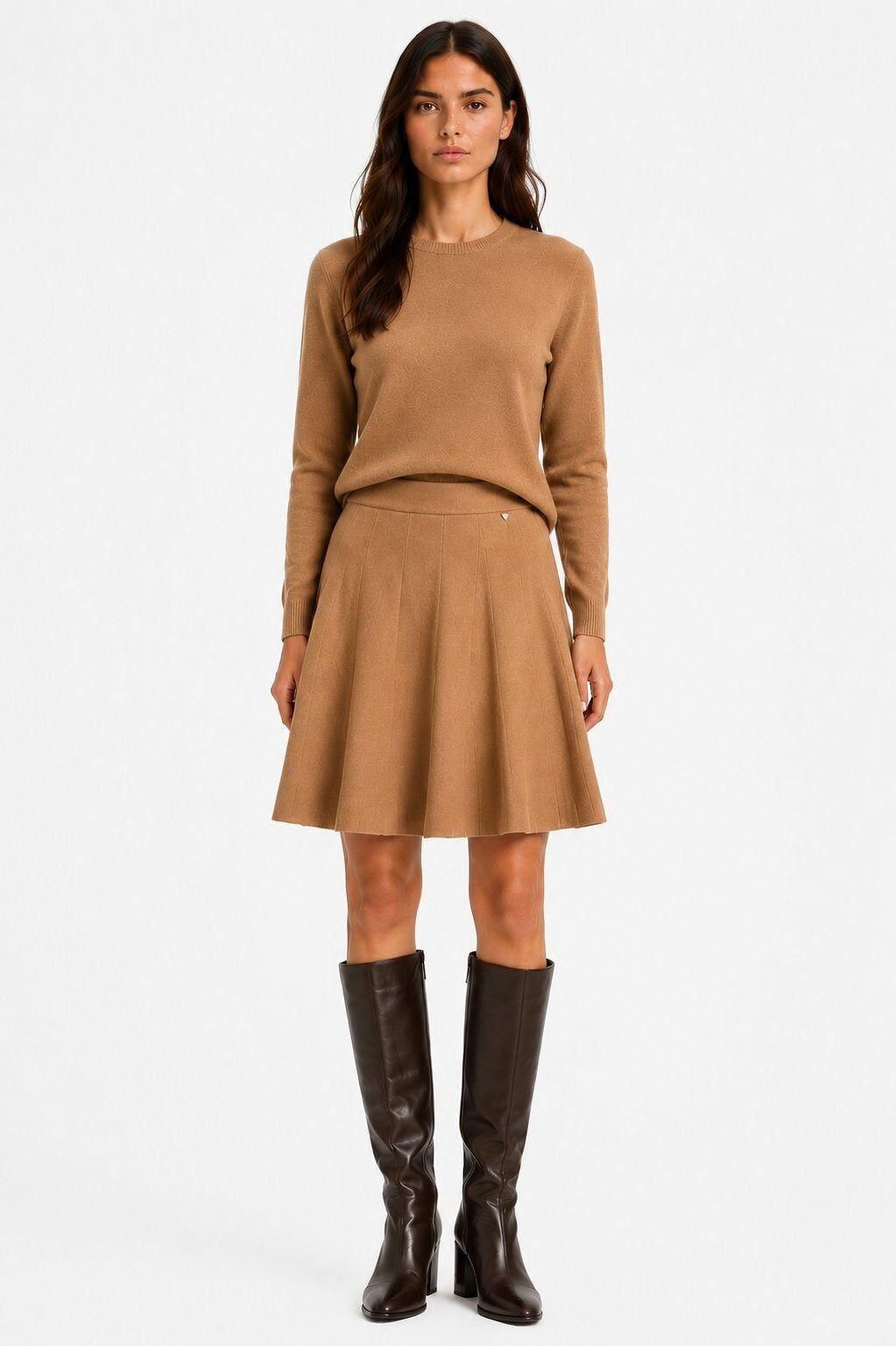 LUPKS1 Camel Pleated Knit Skirt