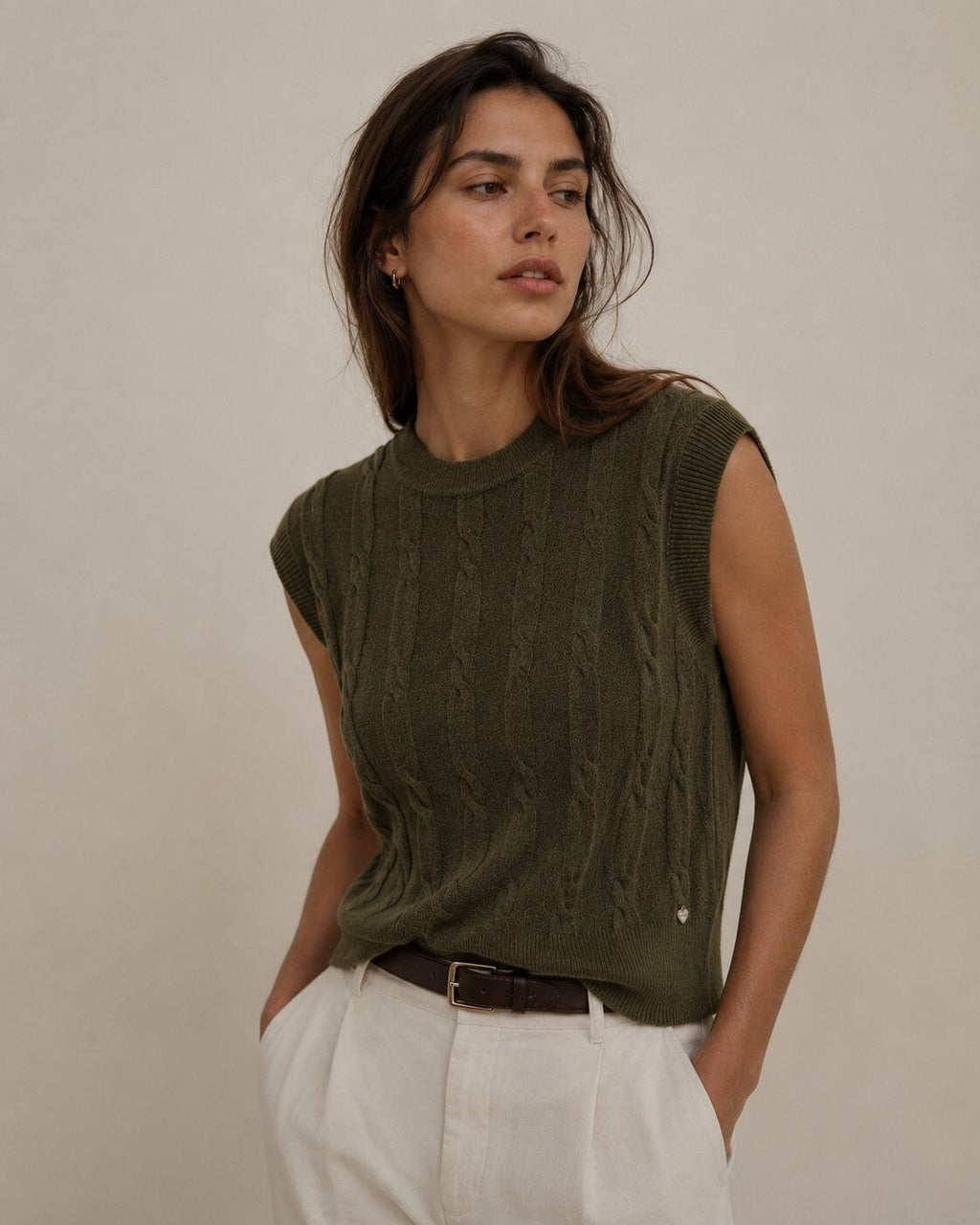 LUCKV8 Khaki Cable Knit Vest
