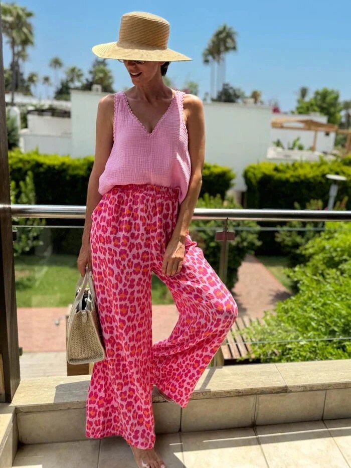 ESTLCSPK Gauze Cotton Leopard Print Set Pink