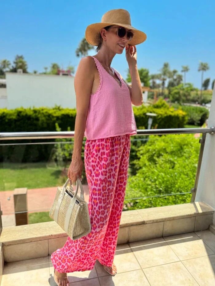 ESTLCSPK Gauze Cotton Leopard Print Set Pink