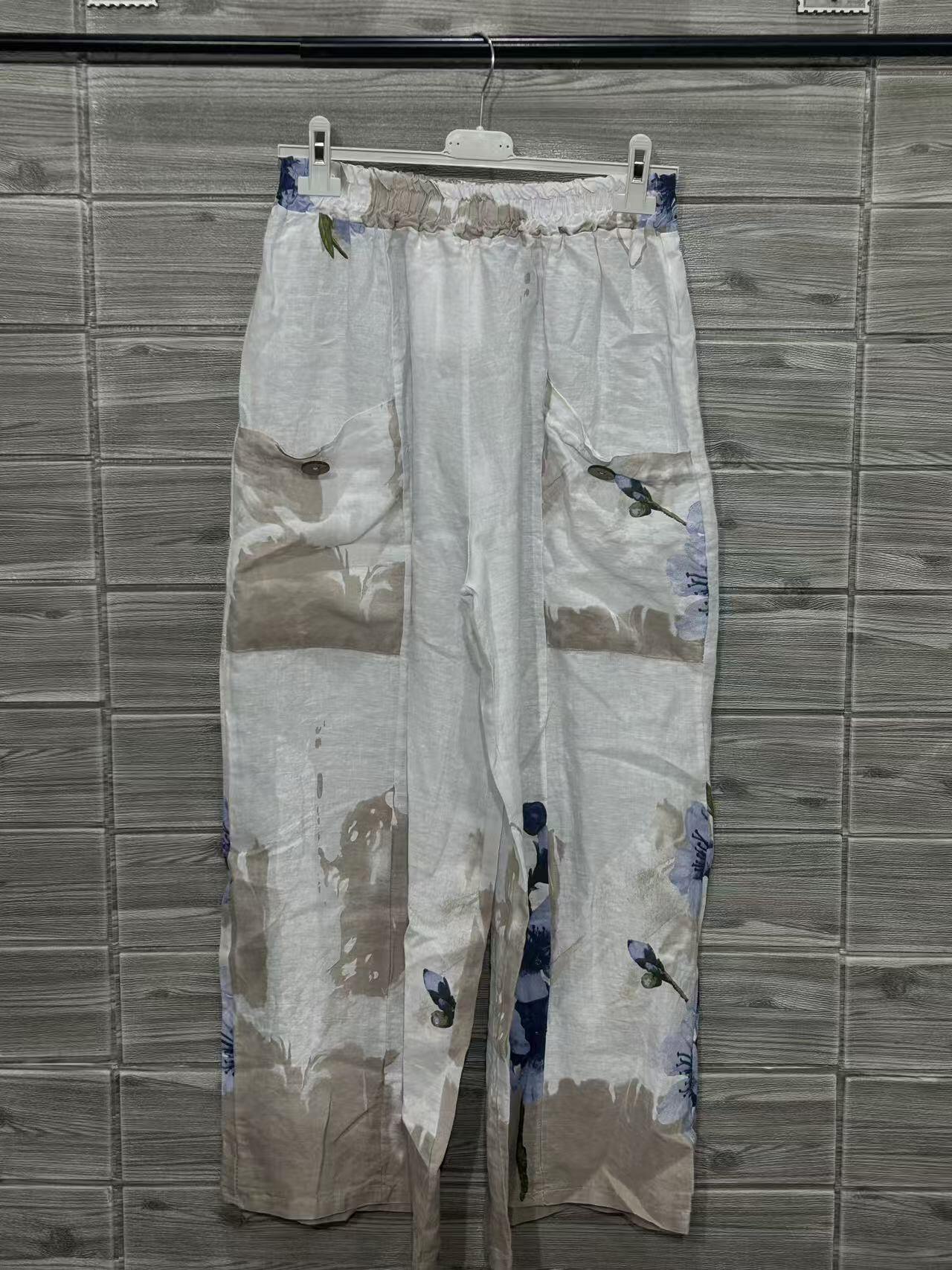 ZOPLP2WH Watercolor Print Linen Pocket Pants White