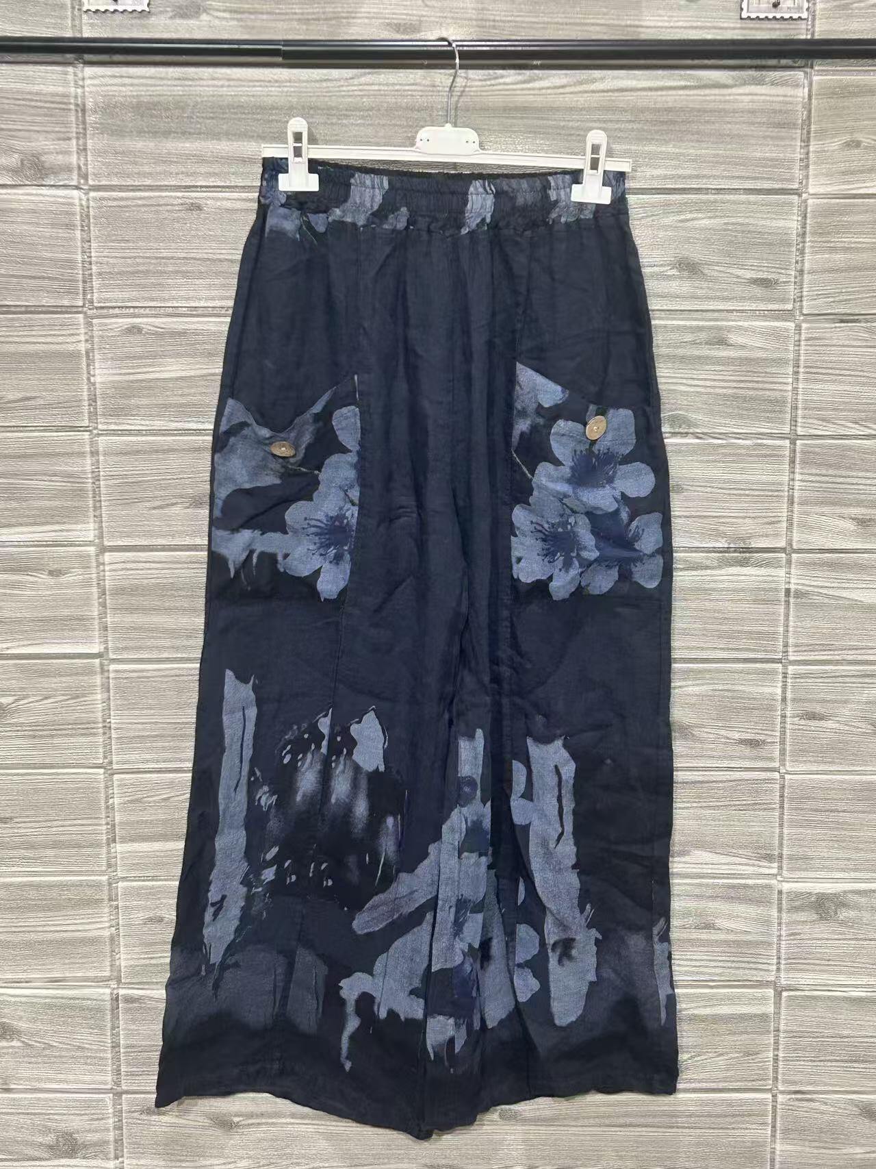 ZOPLP2DB Watercolor Print Linen Pocket Pants Dark Blue