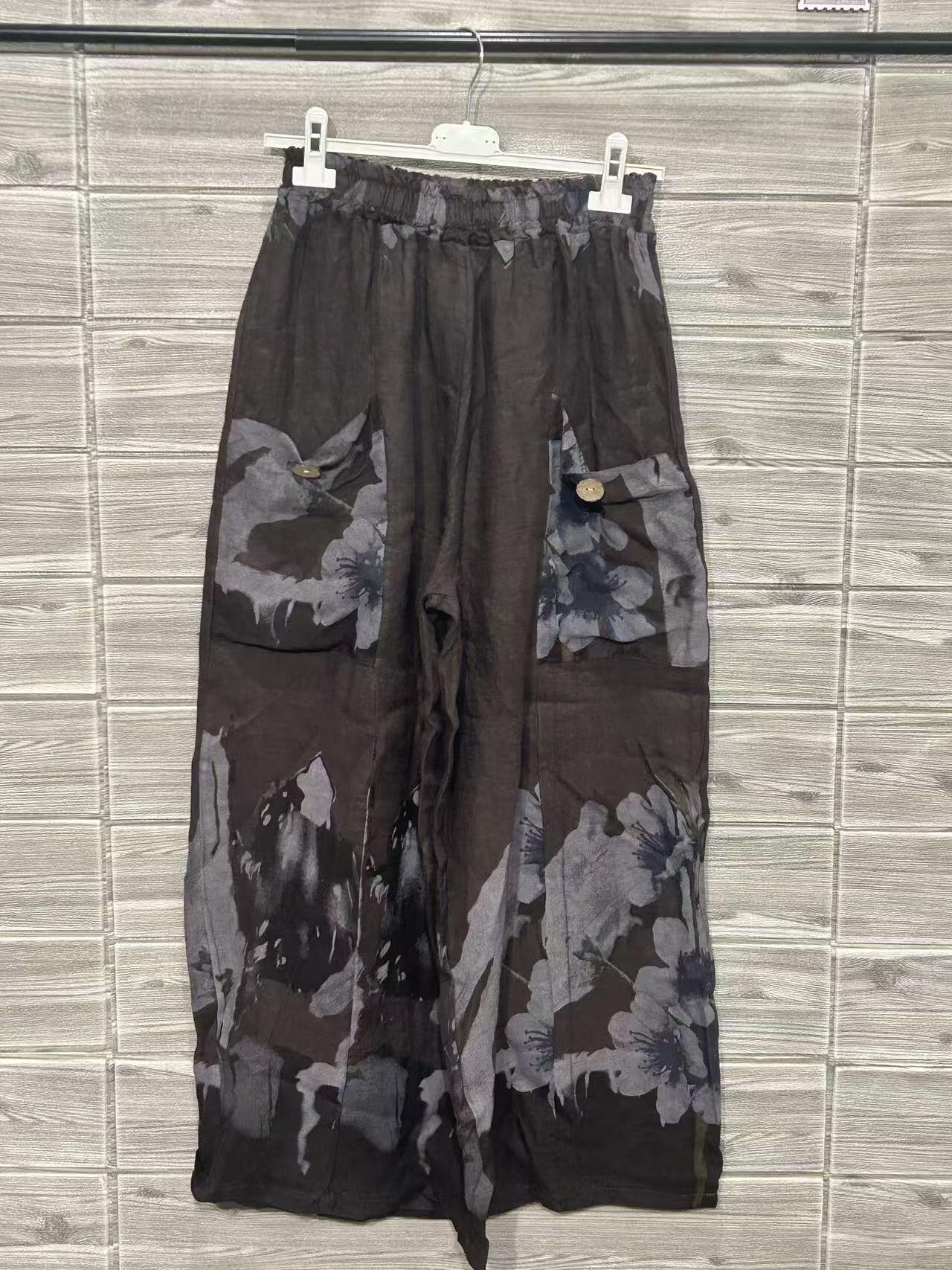 ZOPLP2DN Watercolor Print Linen Pocket Pants Dark Brown
