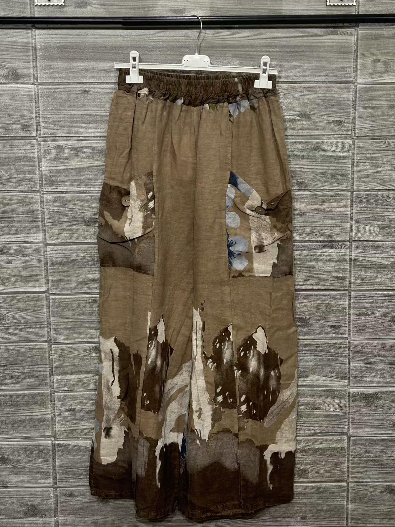 ZOPLP2CM Watercolor Print Linen Pocket Pants Caramel