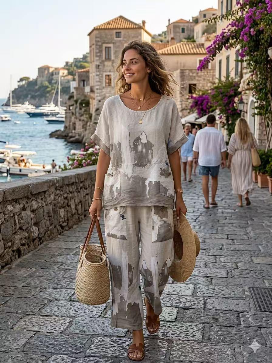 ZOPLP2EC Watercolor Print Linen Pocket Pants Ecru