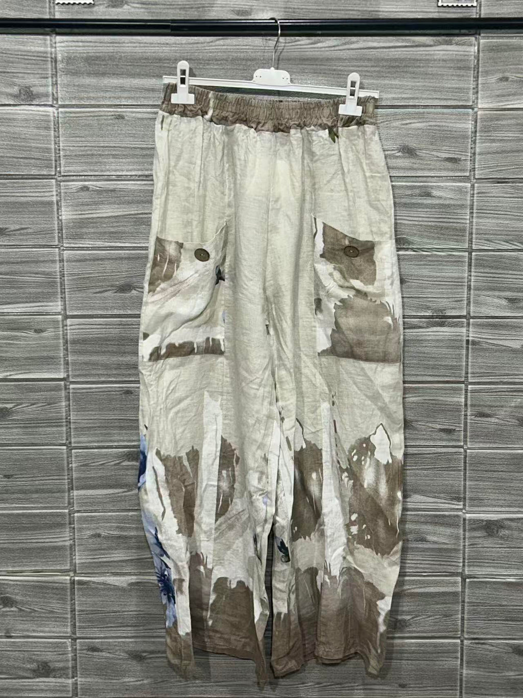 ZOPLP2EC Watercolor Print Linen Pocket Pants Ecru