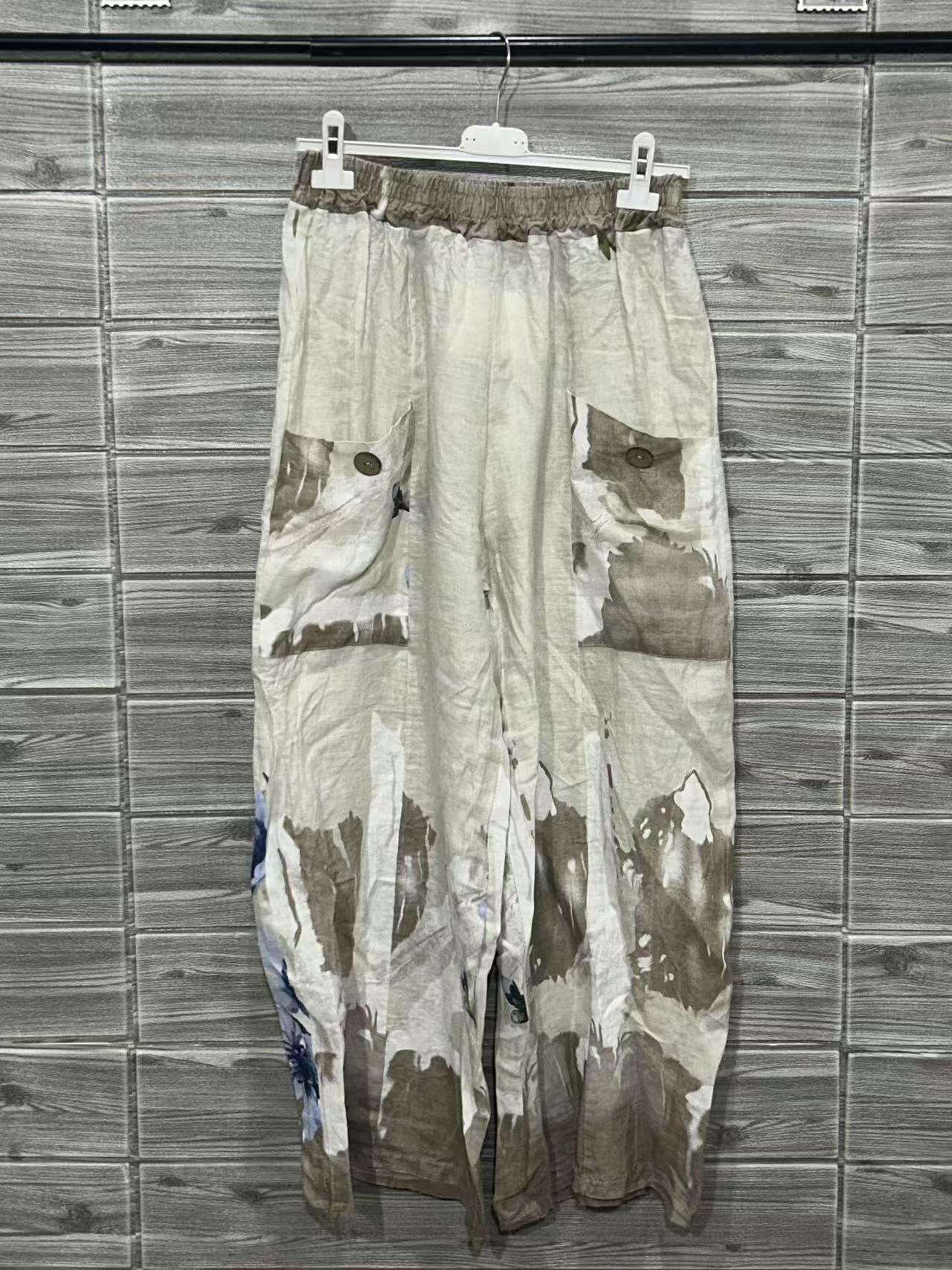ZOPLP2EC Watercolor Print Linen Pocket Pants Ecru