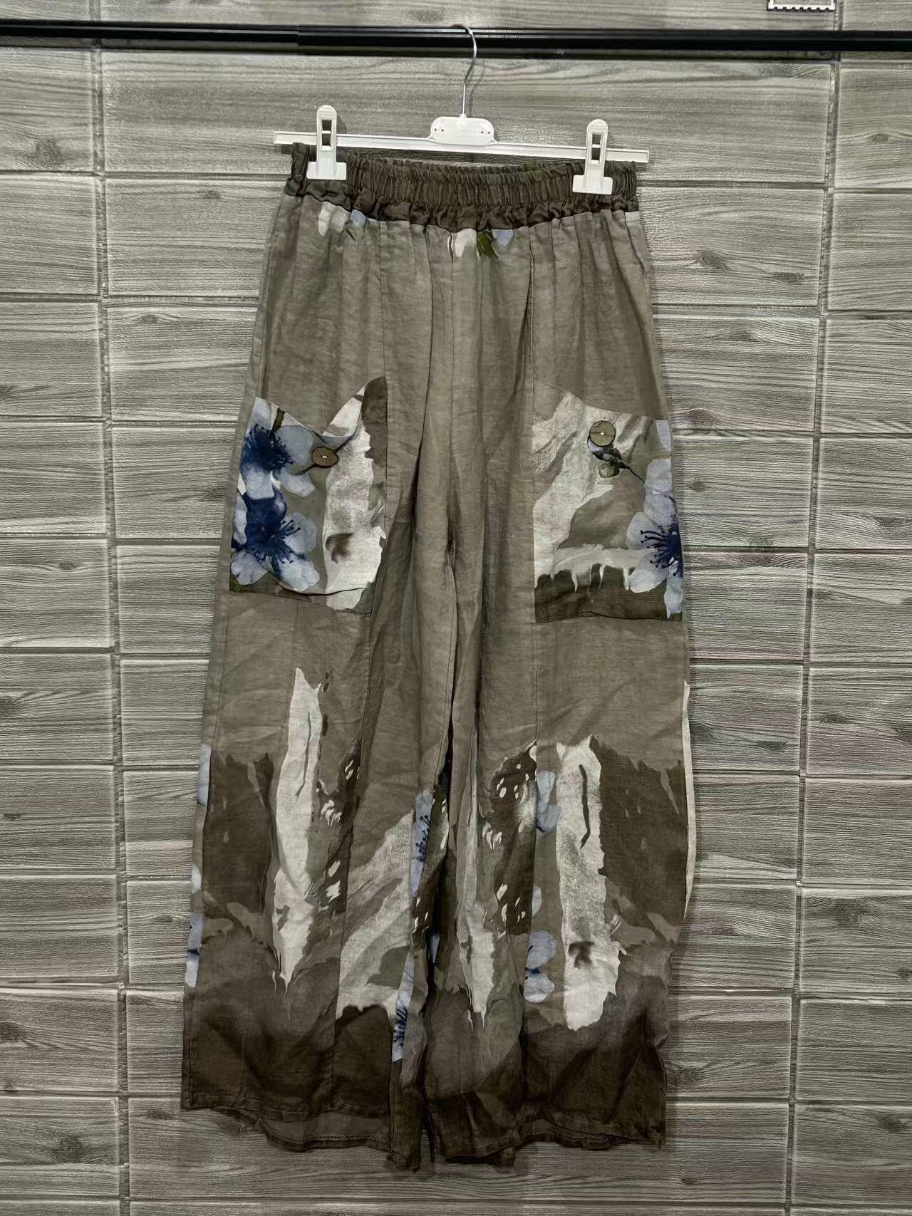 ZOPLP2TP Watercolor Print Linen Pocket Pants Taupe