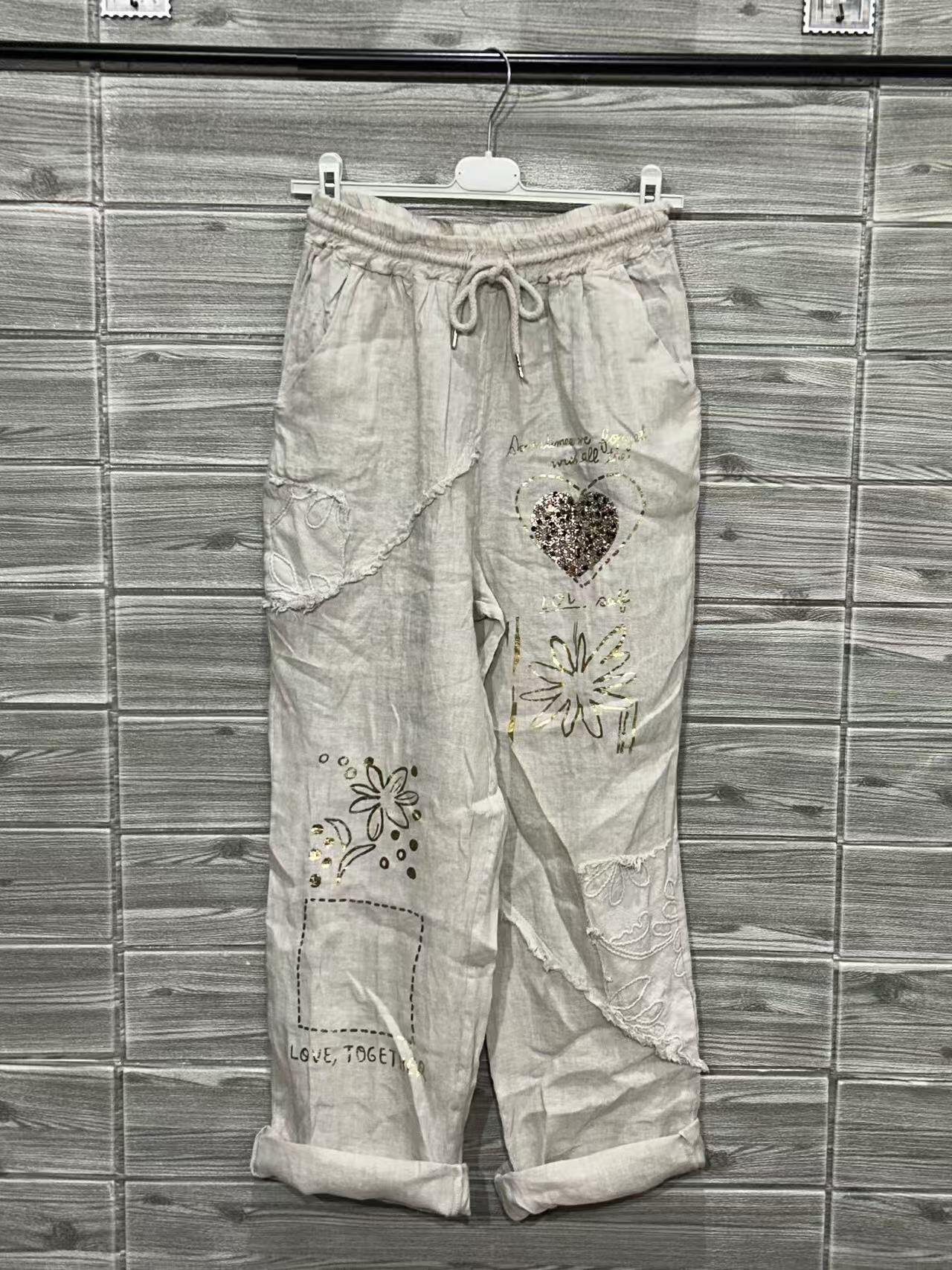 ZOPLP3BE Gold Foil Print Linen Pants Beige