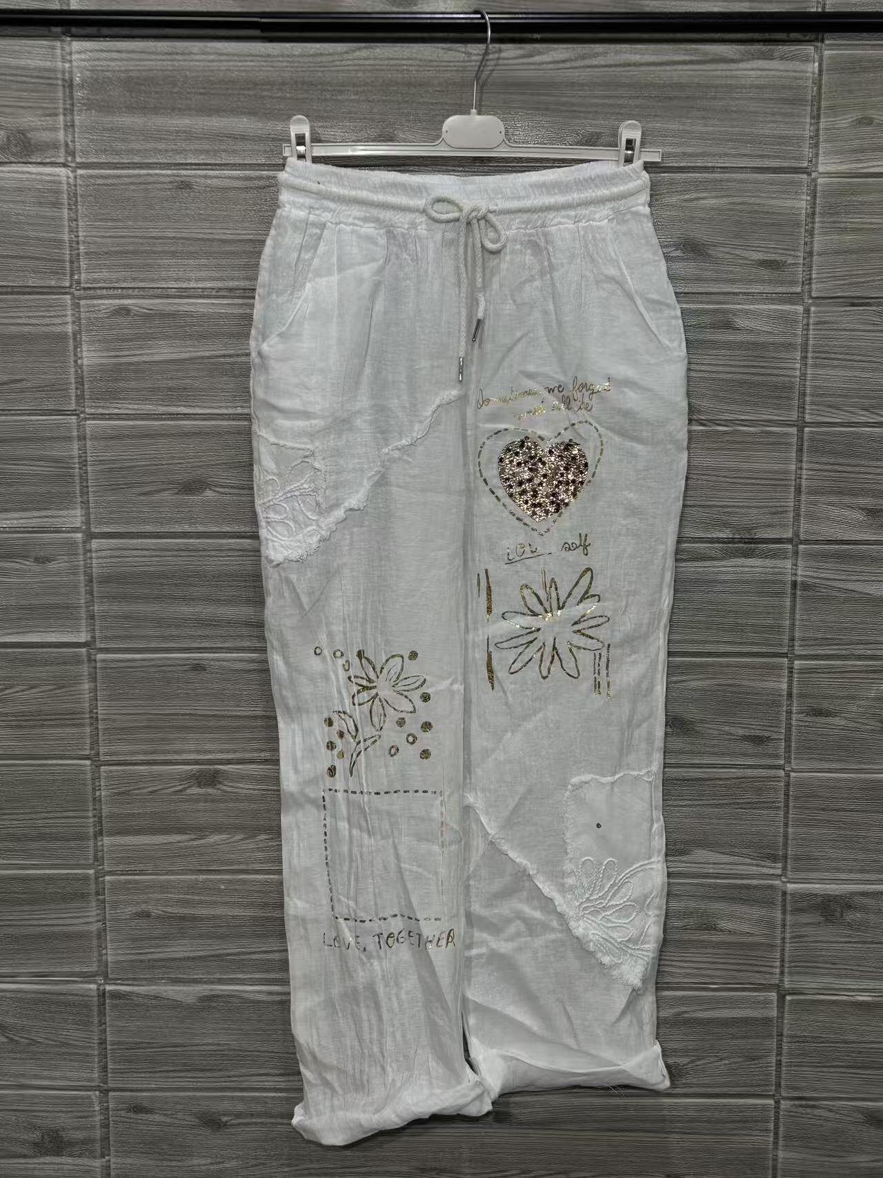 ZOPLP3WH Gold Foil Print Linen Pants White