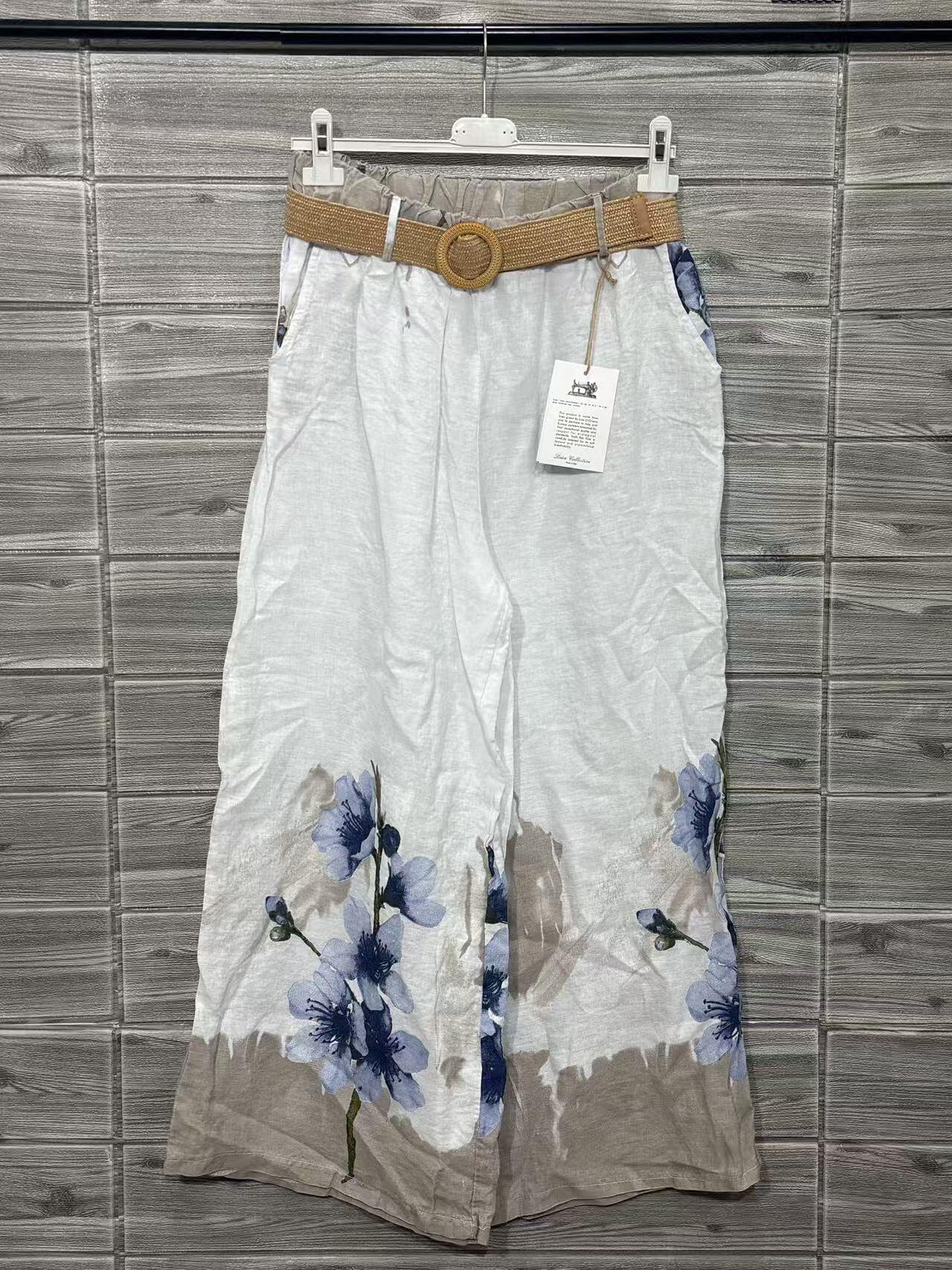 ZOPLP1WH Watercolor Floral Linen Pants White