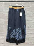 ZOPLP1DB Watercolor Floral Linen Pants Dark Blue
