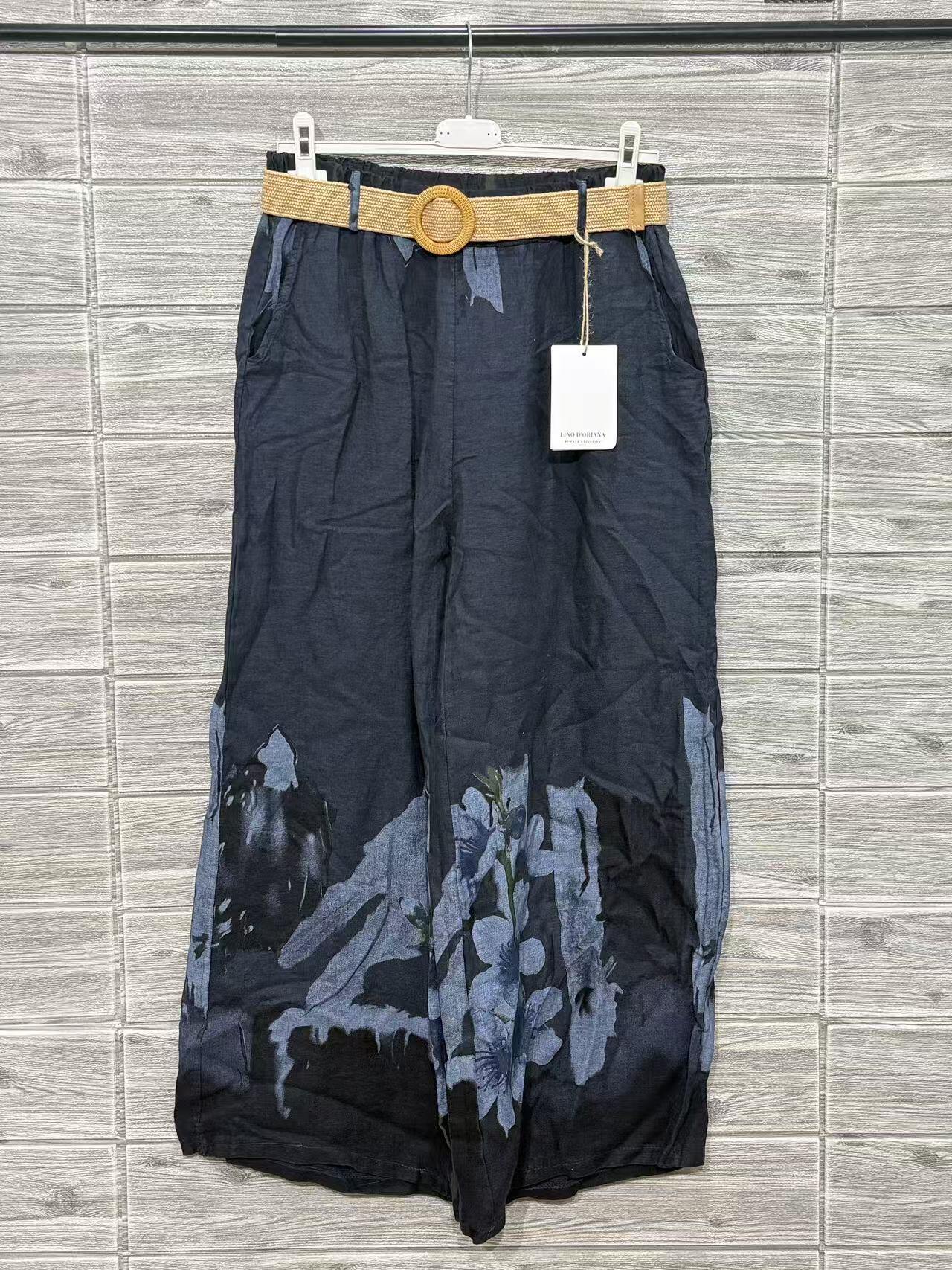 ZOPLP1DB Watercolor Floral Linen Pants Dark Blue