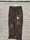 ZOPLP3DN Gold Foil Print Linen Pants Dark Brown