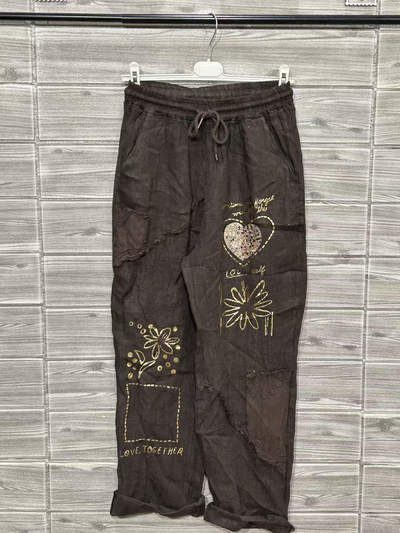 ZOPLP3DN Gold Foil Print Linen Pants Dark Brown