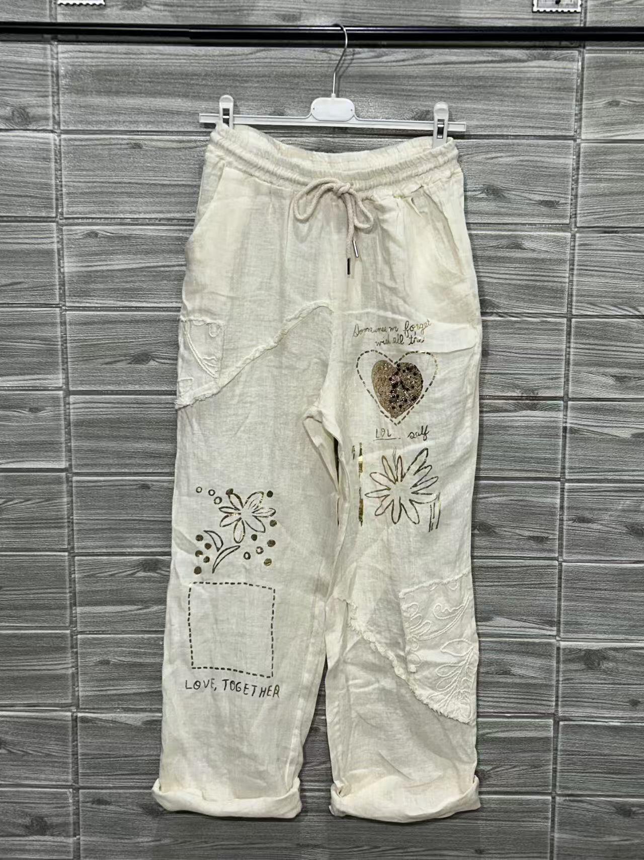 ZOPLP3CR Gold Foil Print Linen Pants Cream