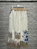ZOPLP1EC Watercolor Floral Linen Pants Ecru
